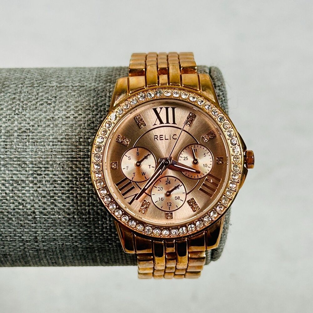 Relic Watch Womens 35mm Rose Gold Tone Pave Crystal Bezel New Battery 6.5"